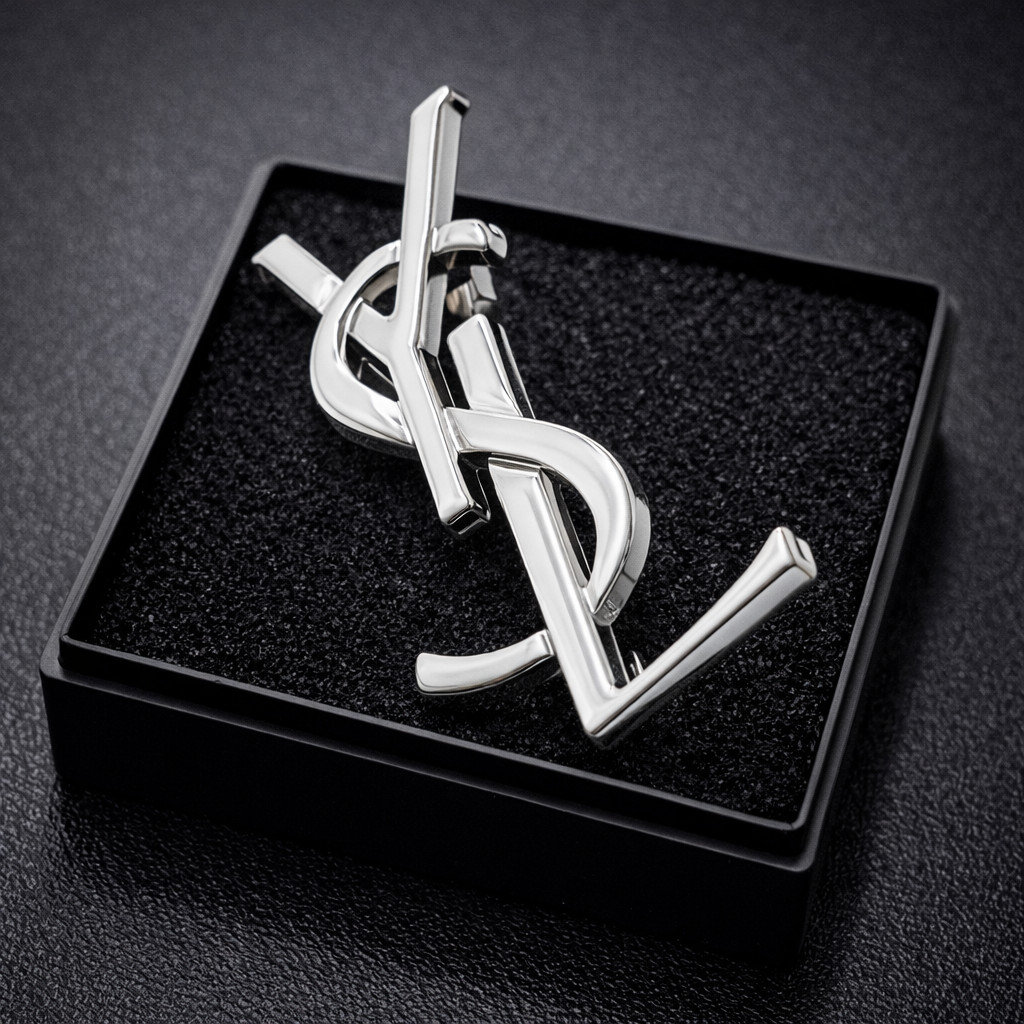 YSL Small Silver Brooch Hat Scarf Tie Collar Lapel Pin Saint Laurent Blazer Gift YSL Small Silver Brooch Hat Scarf Tie Collar Lapel Pin Saint Laurent Blazer Gift