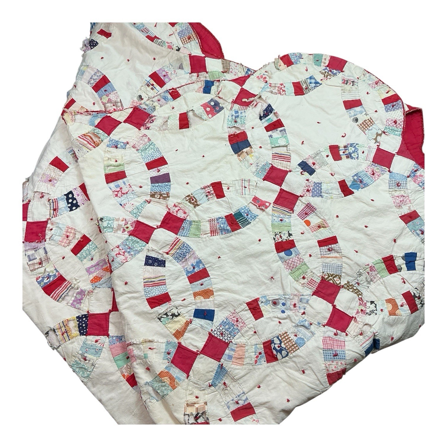 Vintage 1930s/40s hand stitched wedding circle quilt 65 x 71 USA made fair cond Vintage 1930s/40s hand stitched wedding circle quilt 65 x 71 USA made fair cond
