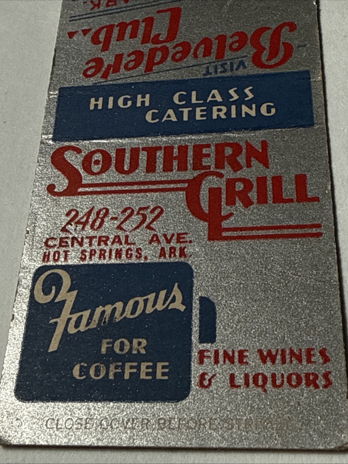 Hot Springs Arkansas Southern Grill Belvedere Restaurant Vtg 1940s Matchbook Hot Springs Arkansas Southern Grill Belvedere Restaurant Vtg 1940s Matchbook