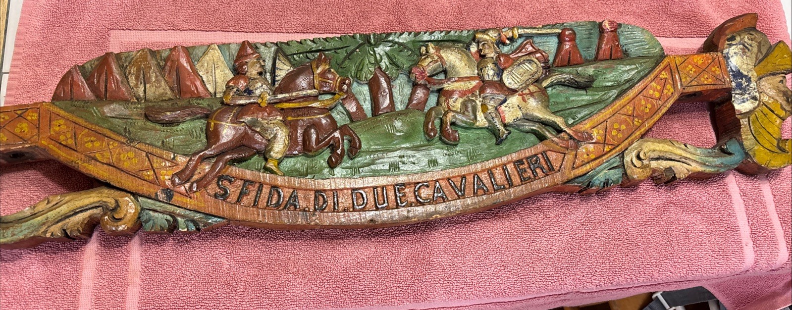 Antique 19th century Sicily Carved Wood Jousting Scene 35 Antique 19th century Sicily Carved Wood Jousting Scene 35