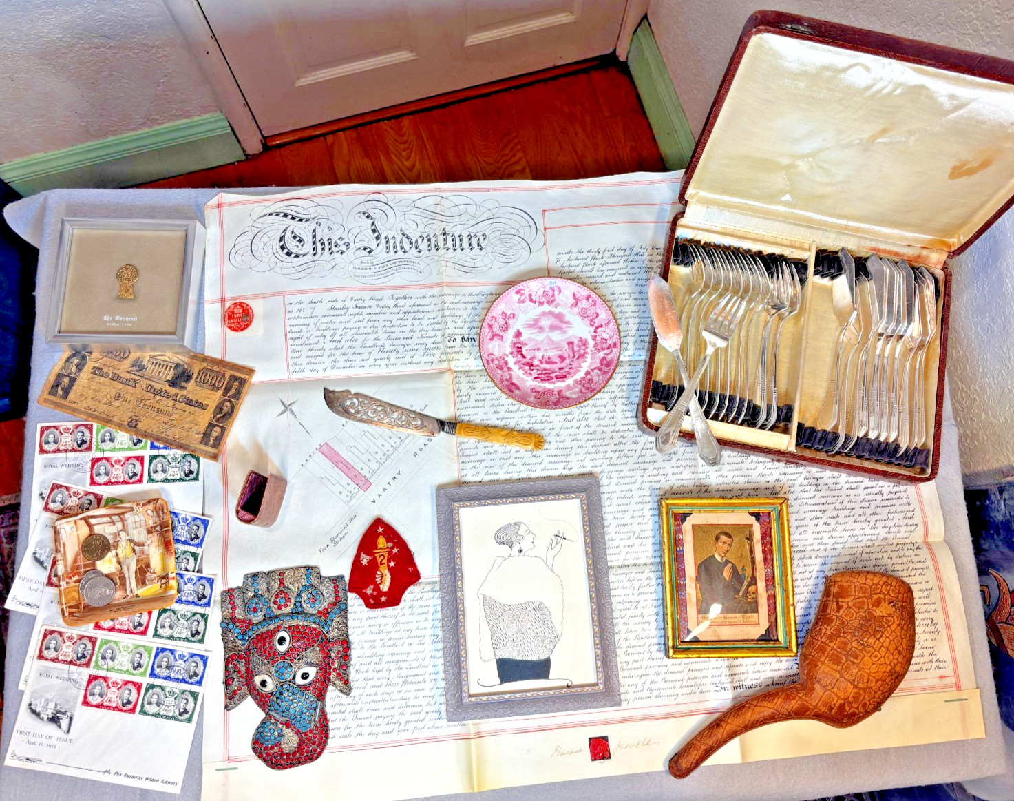 Junk Drawer Lot Vintage & Antiques 1890 velum indenture, Art Deco Silver Plate.. Junk Drawer Lot Vintage & Antiques 1890 velum indenture, Art Deco Silver Plate..