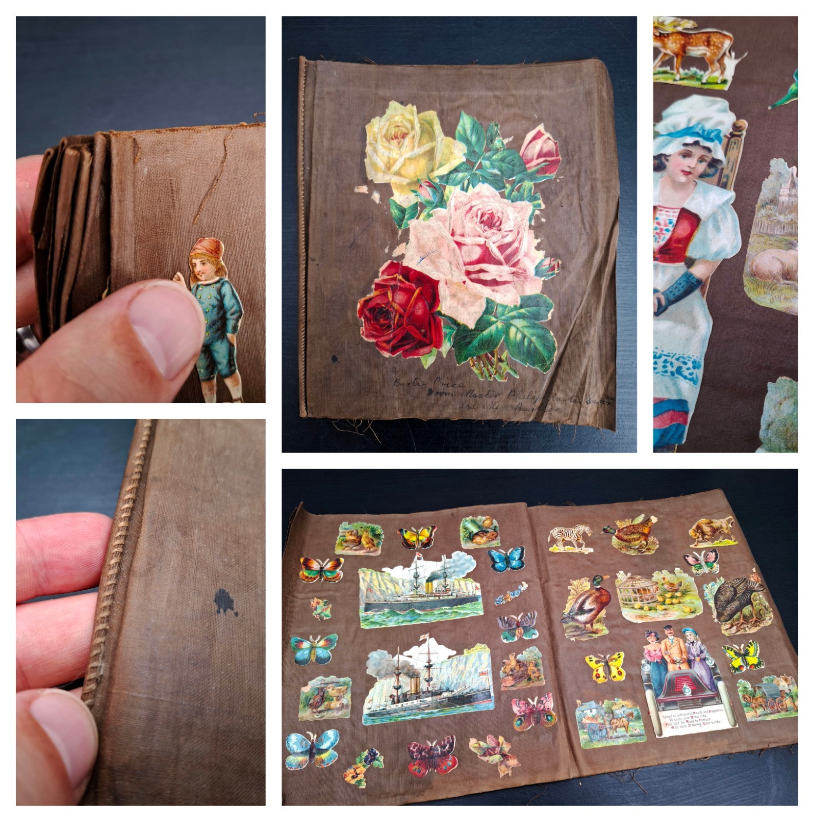 c1900 Antique Victorian Edwardian Cloth Scrapbook Album Die Cut Scraps Postcards c1900 Antique Victorian Edwardian Cloth Scrapbook Album Die Cut Scraps Postcards