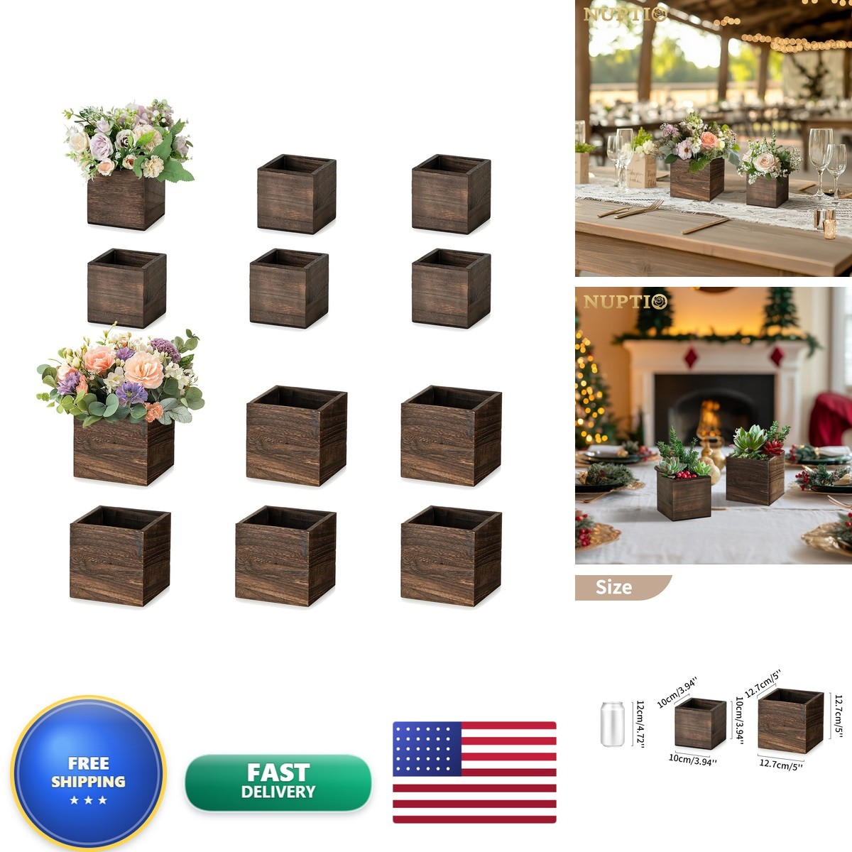 NUPTIO Small Wooden Box Centerpiece Brown Square 4