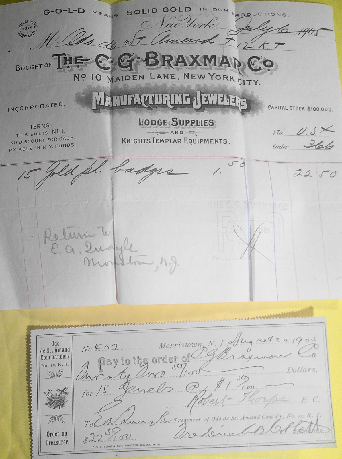 1905 Masonic Knights Templar CG Braxmar NY Gold Plated Badges Receipt & Voucher 1905 Masonic Knights Templar CG Braxmar NY Gold Plated Badges Receipt & Voucher