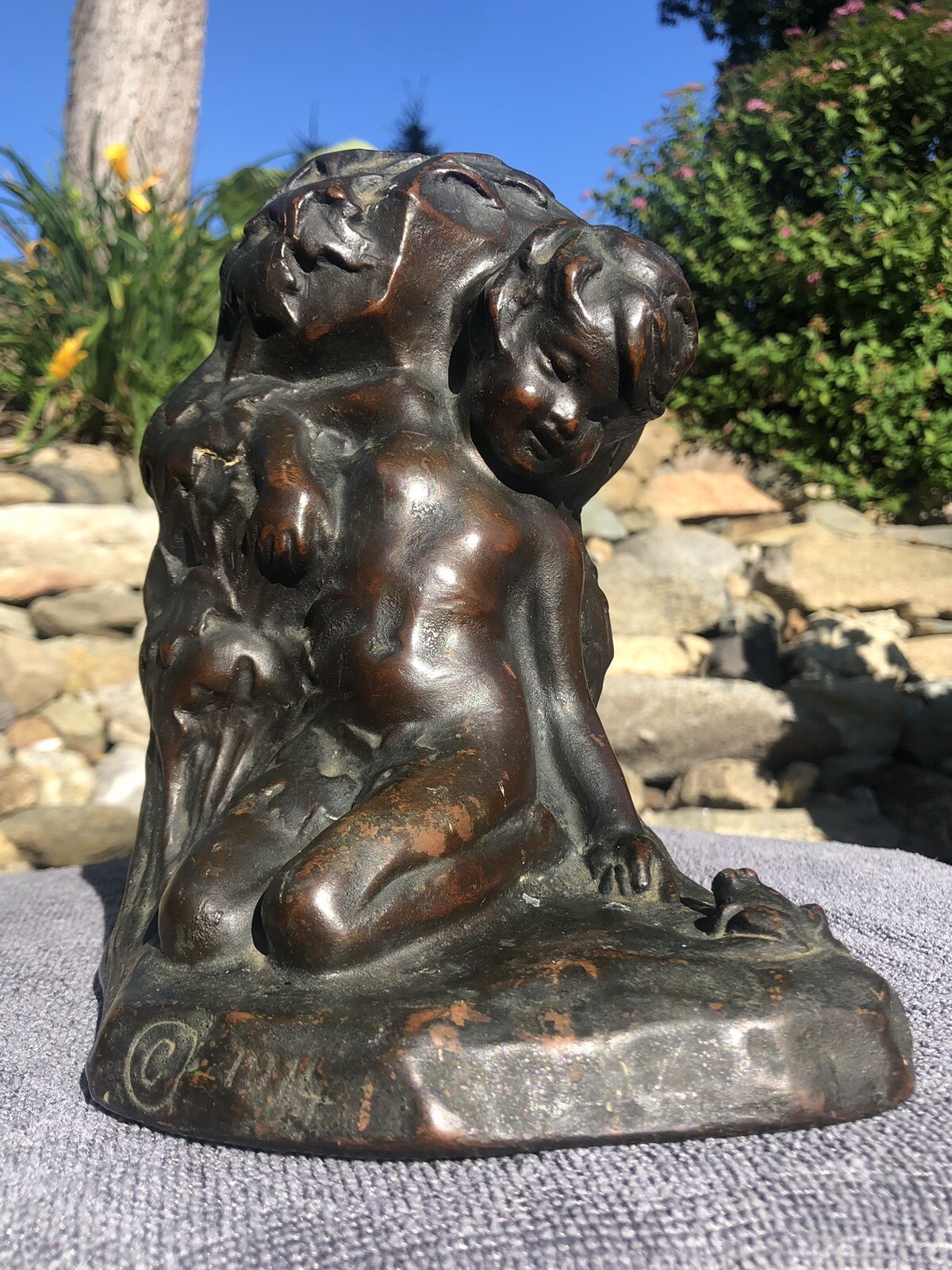 Antique Armor Bronze NY 1914 S. Morani Art Child Cherub Frog 1 Bookend Sculpture