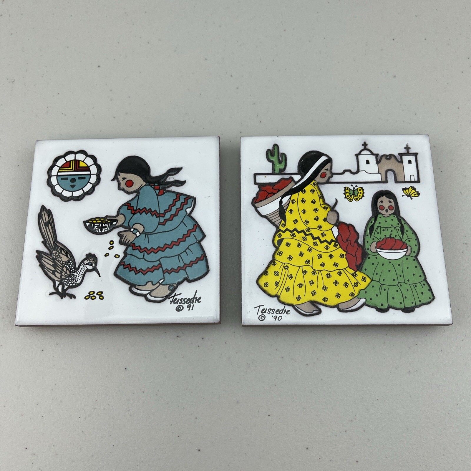 LOT 2 Vintage Cleo Teissedre Ceramic Tile Coaster 4\ LOT 2 Vintage Cleo Teissedre Ceramic Tile Coaster 4\