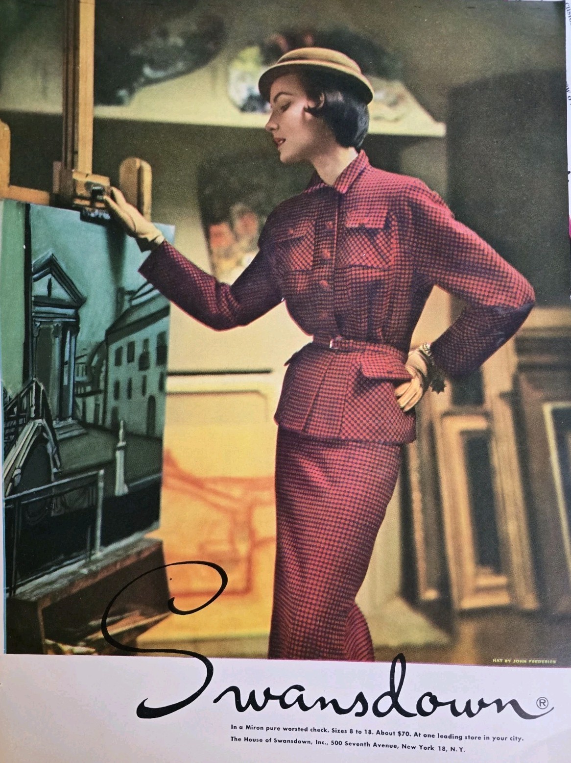 1950 Womens Red Swansdown Miron Worsted Check Suit vintage fashion ad 1950 Womens Red Swansdown Miron Worsted Check Suit vintage fashion ad