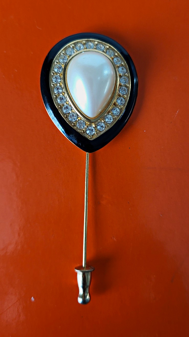 VTG Monet Teardrop Faux Pearl & Rhinestone Stick Hatpin with Long Metal Shaft VTG Monet Teardrop Faux Pearl & Rhinestone Stick Hatpin with Long Metal Shaft