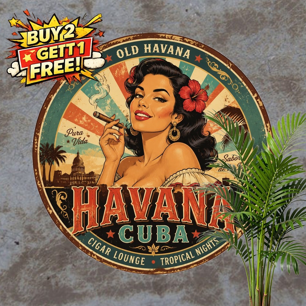 Havana Cuba Vintage Travel Style Round Metal Sign Cafe Wall Decor Plaque