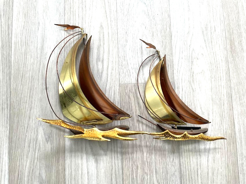 2 Vtg MCM Sailboat Wall Art Brass Copper gold Metal Wood Nautical 11\ 2 Vtg MCM Sailboat Wall Art Brass Copper gold Metal Wood Nautical 11\