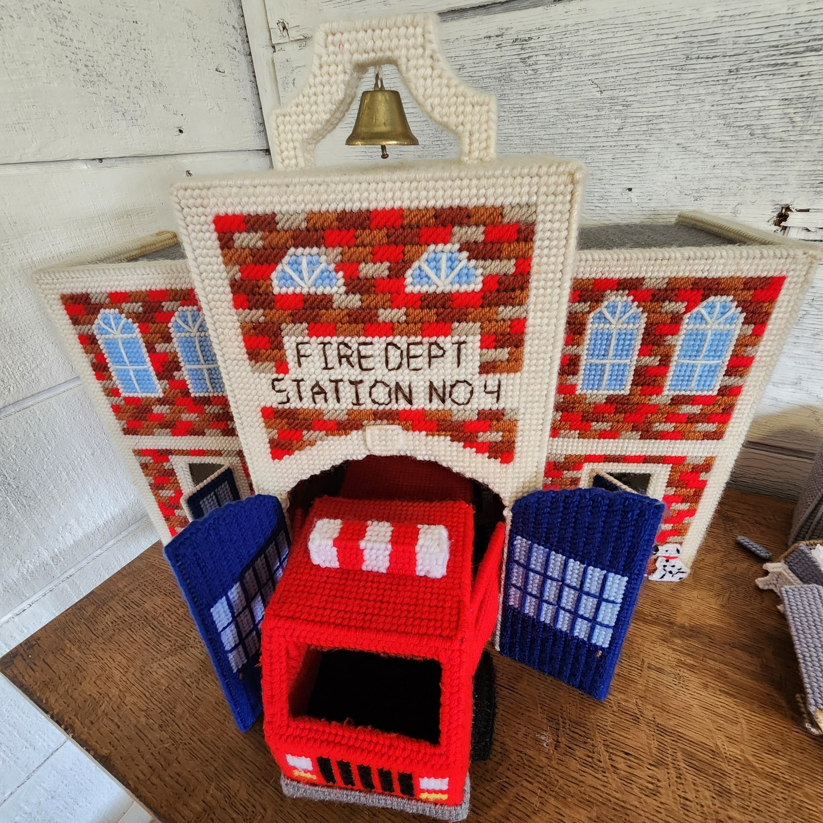 Vtg handmade Fire Station Needlepoint Yarn Impressionistic Work Of Art Unique 