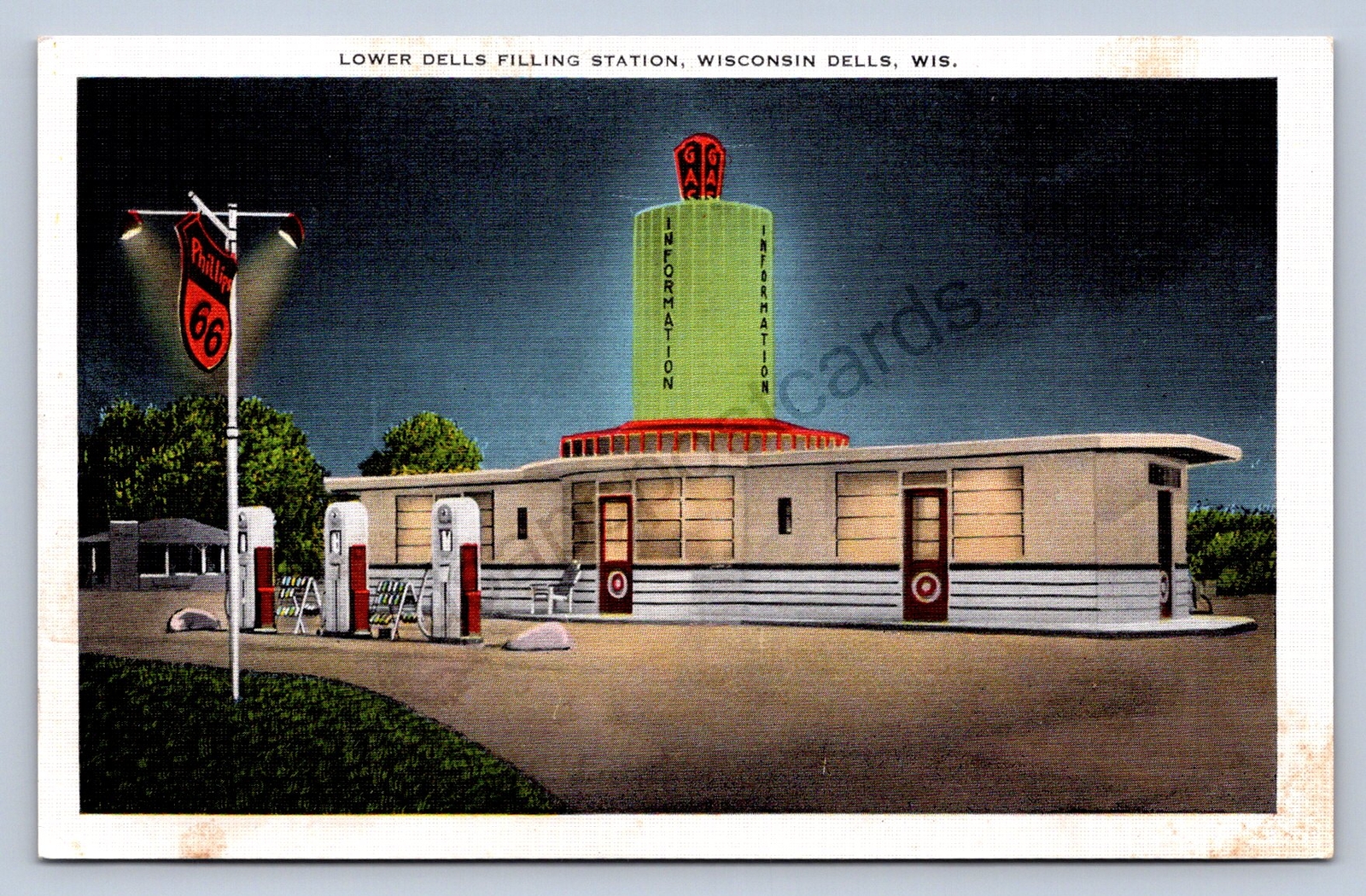 J98/ Wisconsin Dells Postcard c1930s Lower Dells Gas Station Phillips 66 488 J98/ Wisconsin Dells Postcard c1930s Lower Dells Gas Station Phillips 66 488