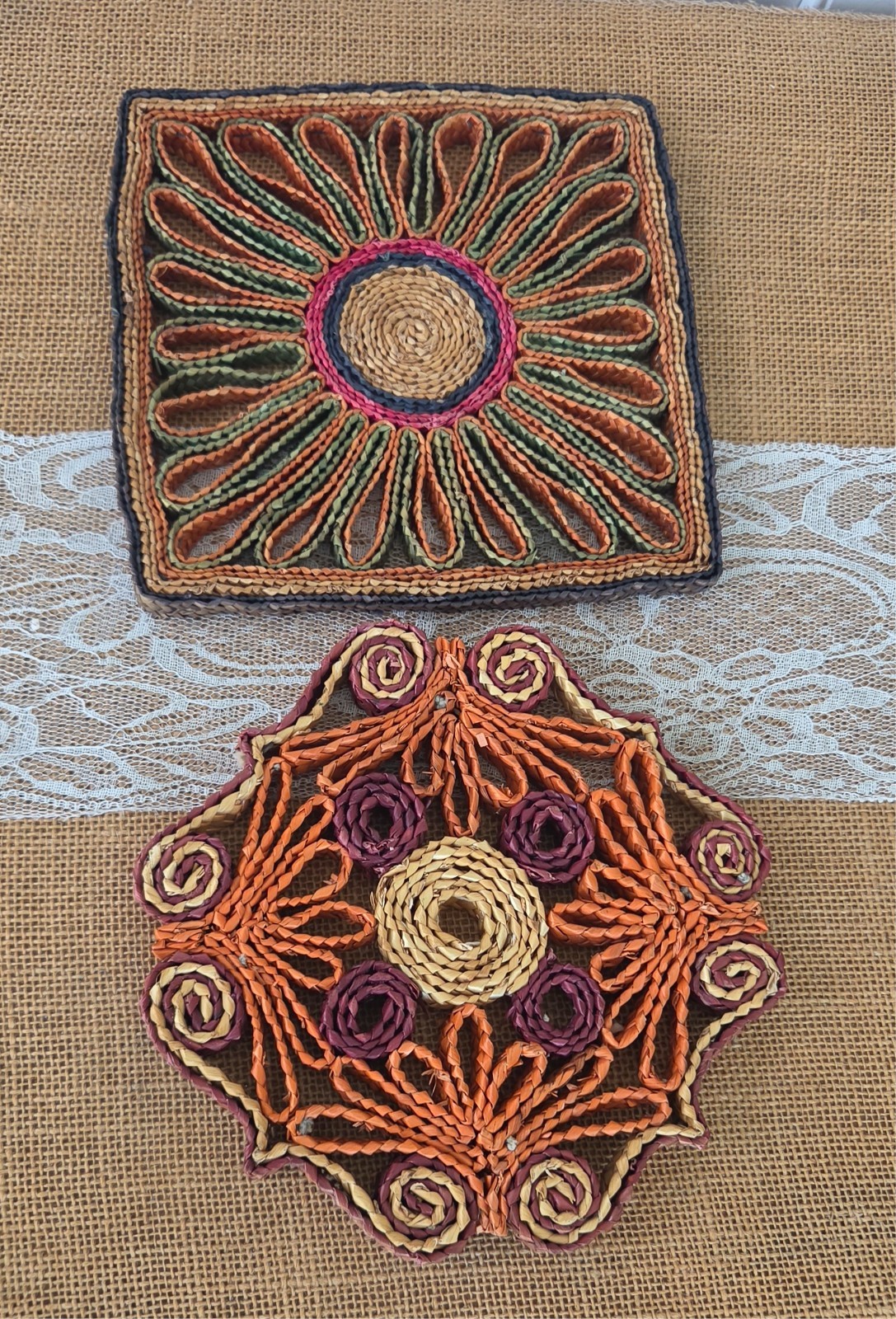 2 Vintage Woven Straw Trivets, Pot Holders, Hot Pads, 1970's Table or Wall Decor