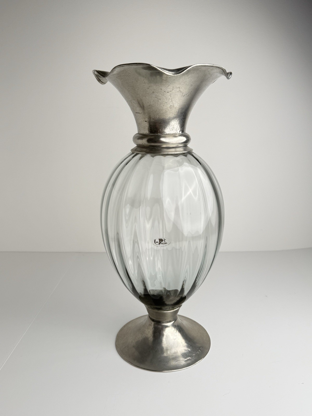 Vintage Val Peltro Italy 95% Pewter & Glass Vase 19” Large Footed Art Vase Vintage Val Peltro Italy 95% Pewter & Glass Vase 19” Large Footed Art Vase