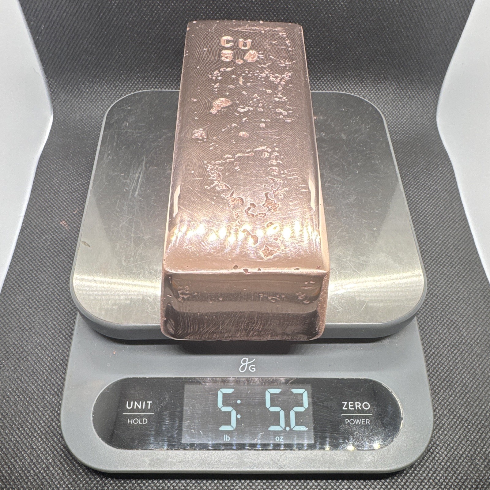 Copper Bar Ingot - Marked Cu 5.4 - Scale Reading Shows 5.52 Copper Copper Bar Ingot - Marked Cu 5.4 - Scale Reading Shows 5.52 Copper