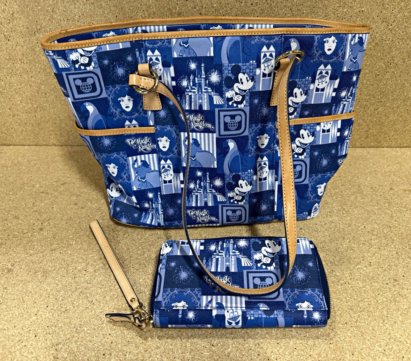 Dooney & Bourke Disney Mickey Mouse Magic Kingdom Large Blue/Tan Tote+Zip Wallet