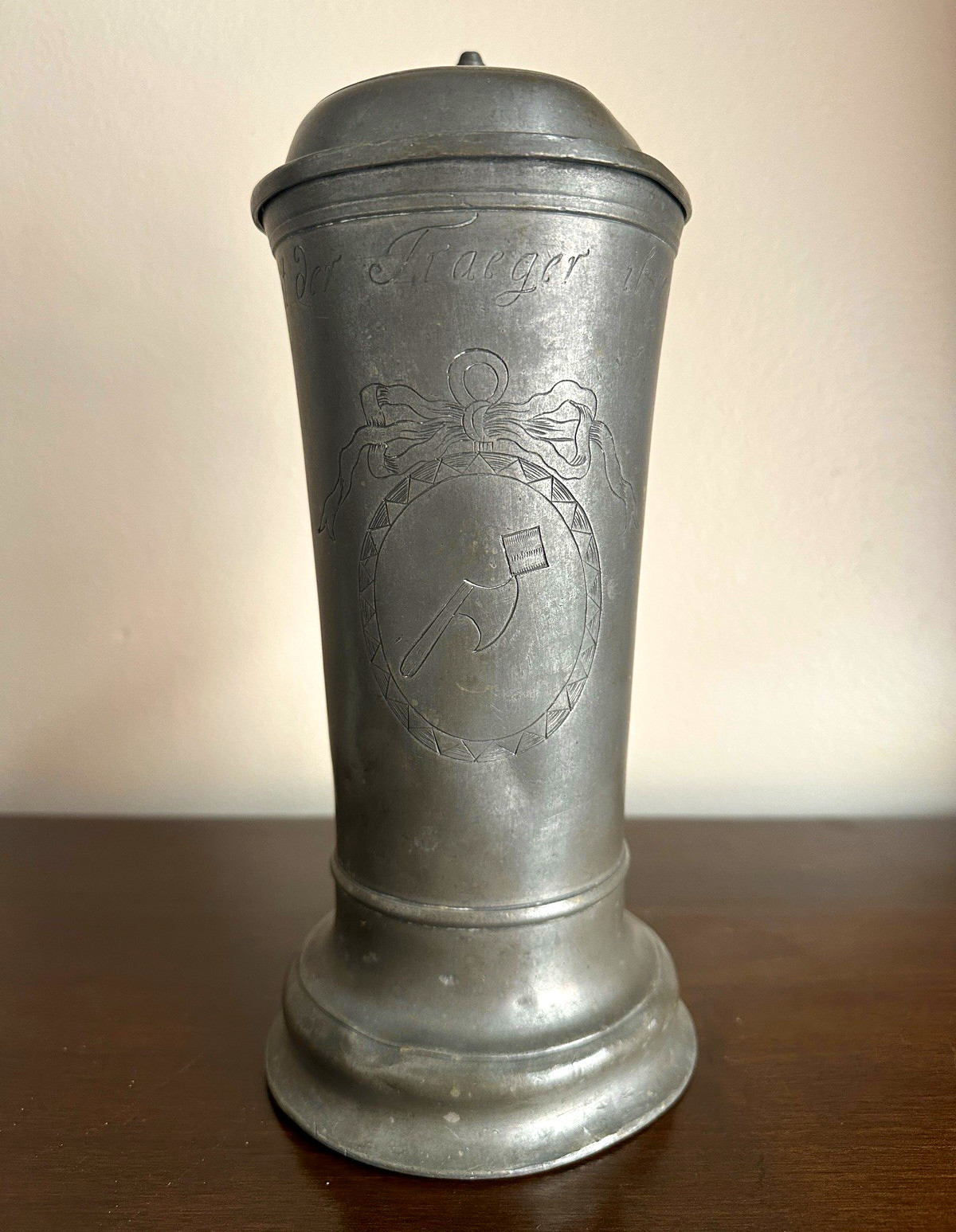Antique 18th Century German Pewter Hand Etched Lidded Beer Stein for a Tradesman Antique 18th Century German Pewter Hand Etched Lidded Beer Stein for a Tradesman