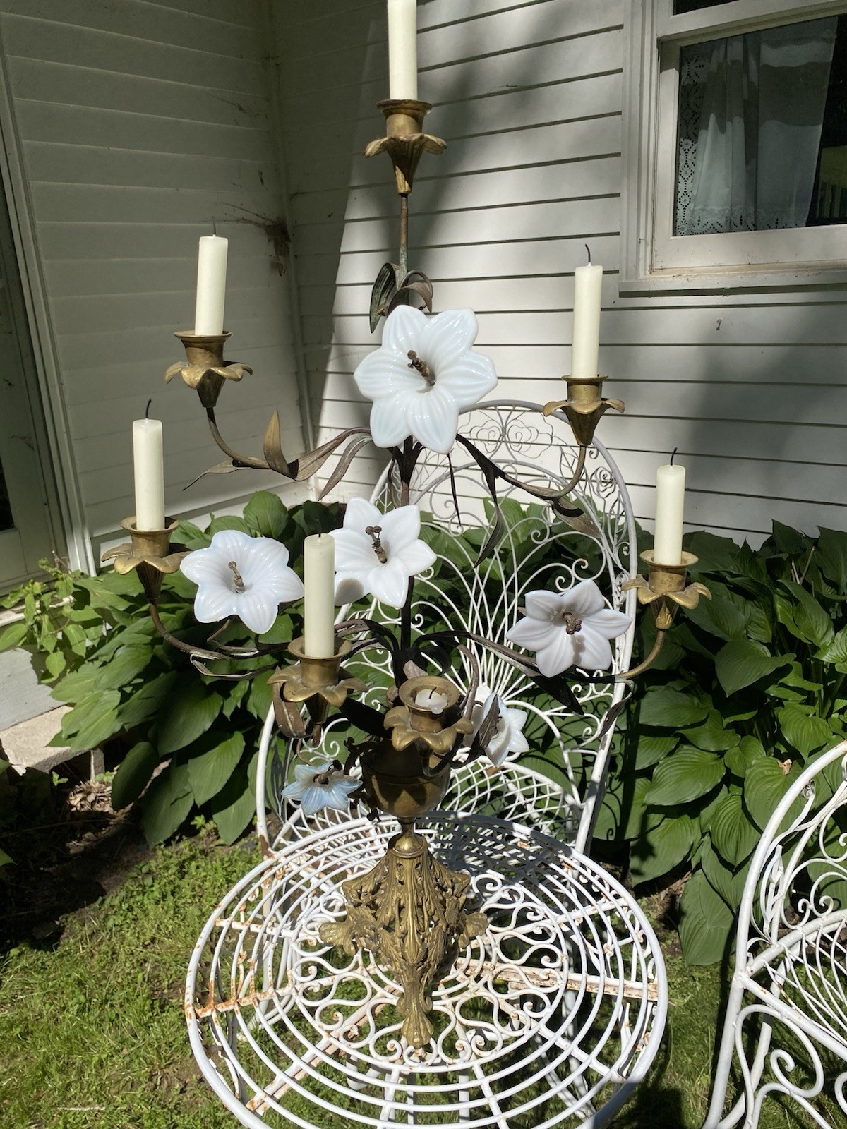 Antique 1890’s French Alter candelabra White opaline Lily flowers 29” X 17”
