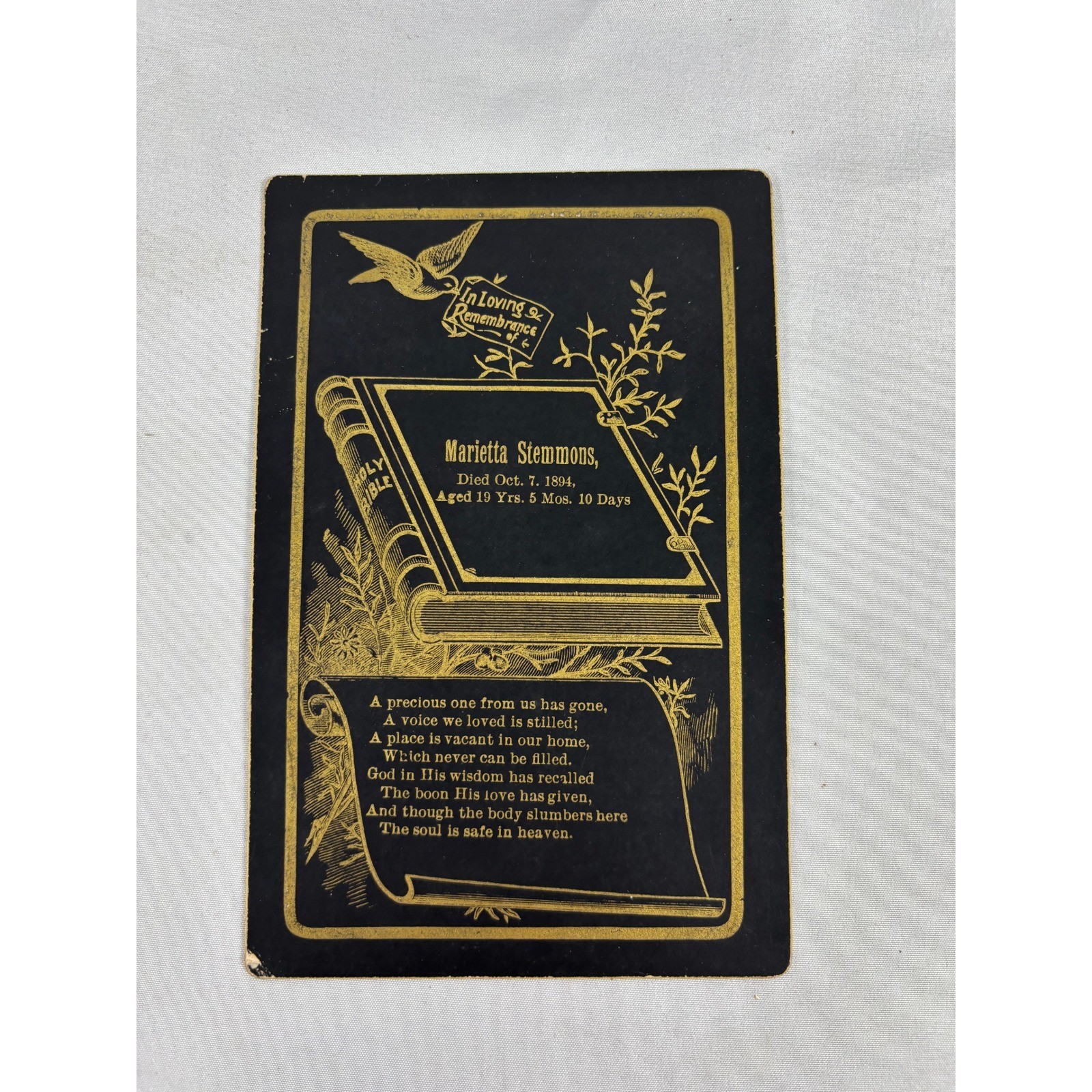 Antique 1894 Victorian Funeral Memorial Card Marietta Stemmons Gold Ephemera
