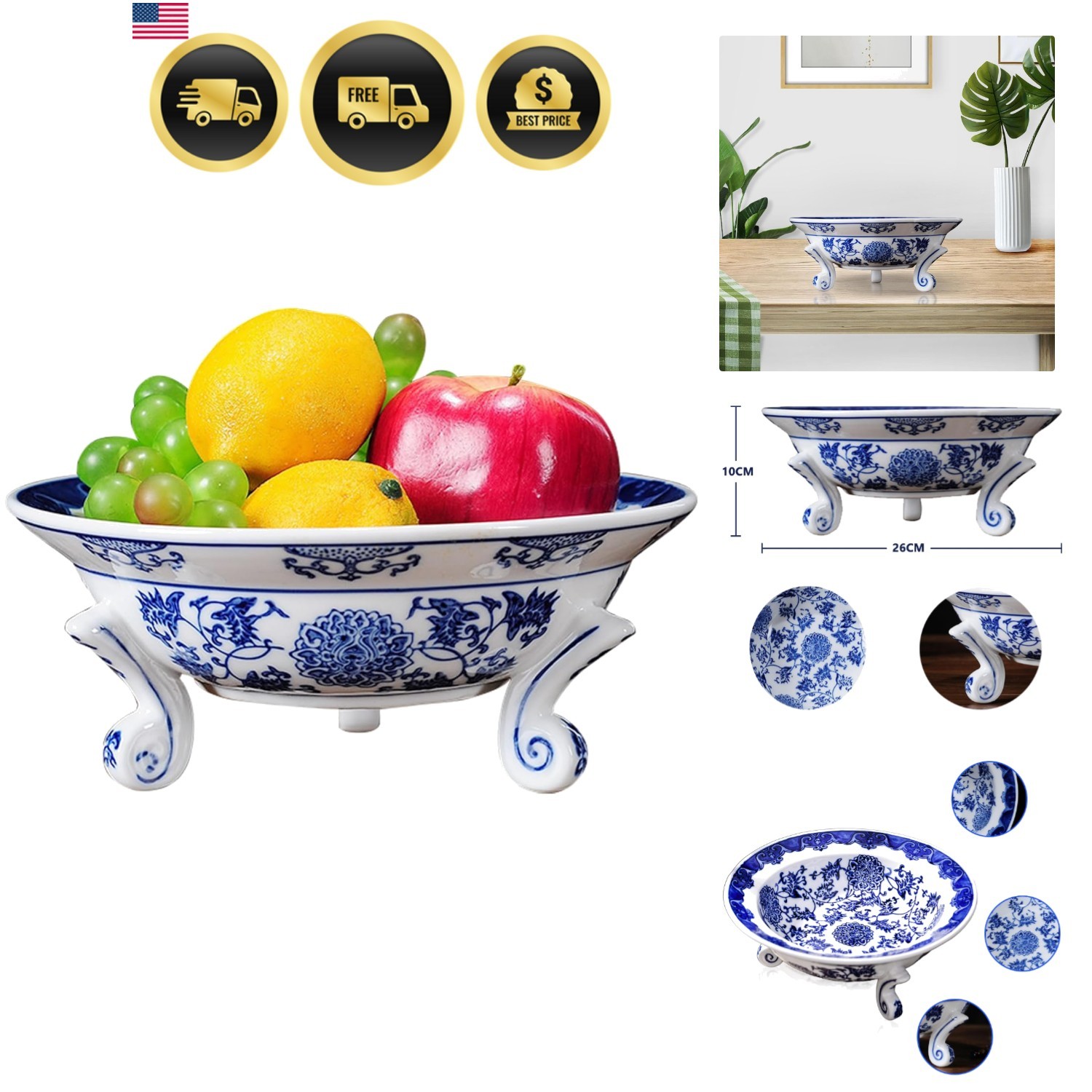 Blue and White Porcelain, Decorative Fruit Bowl, Chinoiserie Decor, Blue and ... Blue and White Porcelain, Decorative Fruit Bowl, Chinoiserie Decor, Blue and ...