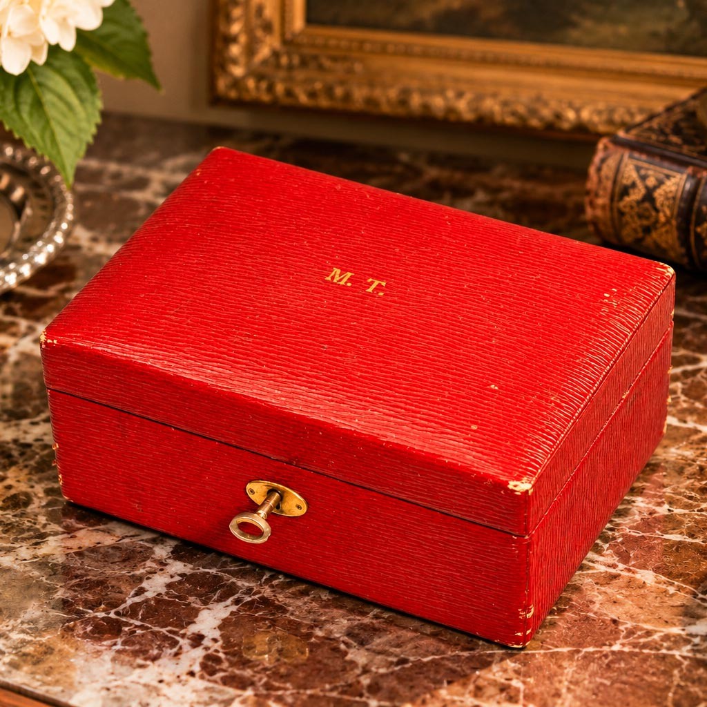 Nice Antique Mark Cross Red Leather Jewelry Box Luxury Case with Lock & Key Nice Antique Mark Cross Red Leather Jewelry Box Luxury Case with Lock & Key