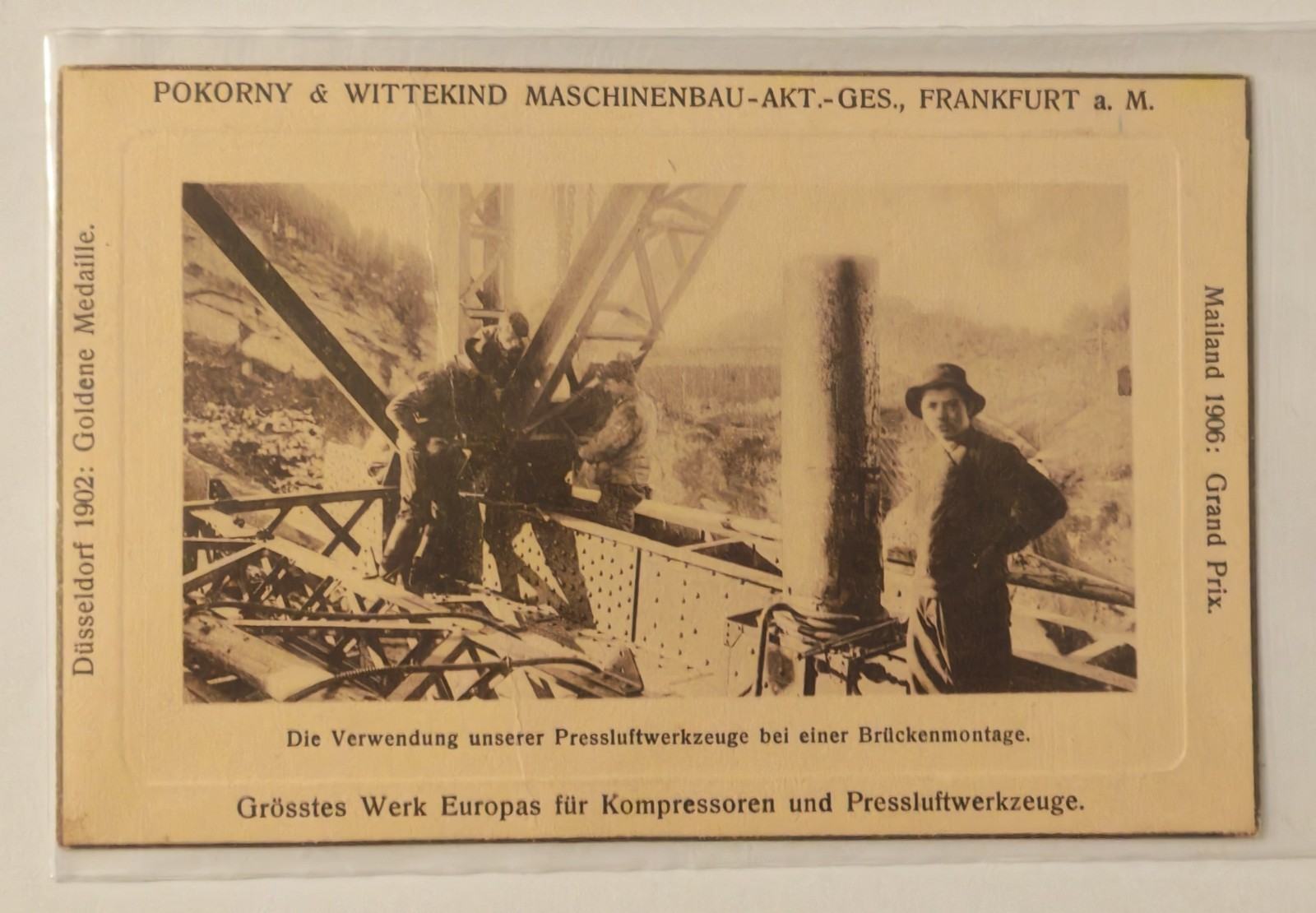 Postcard Pokorny Wittekind pneumatic tools c1910 bridge construction Frankfurt advertisement