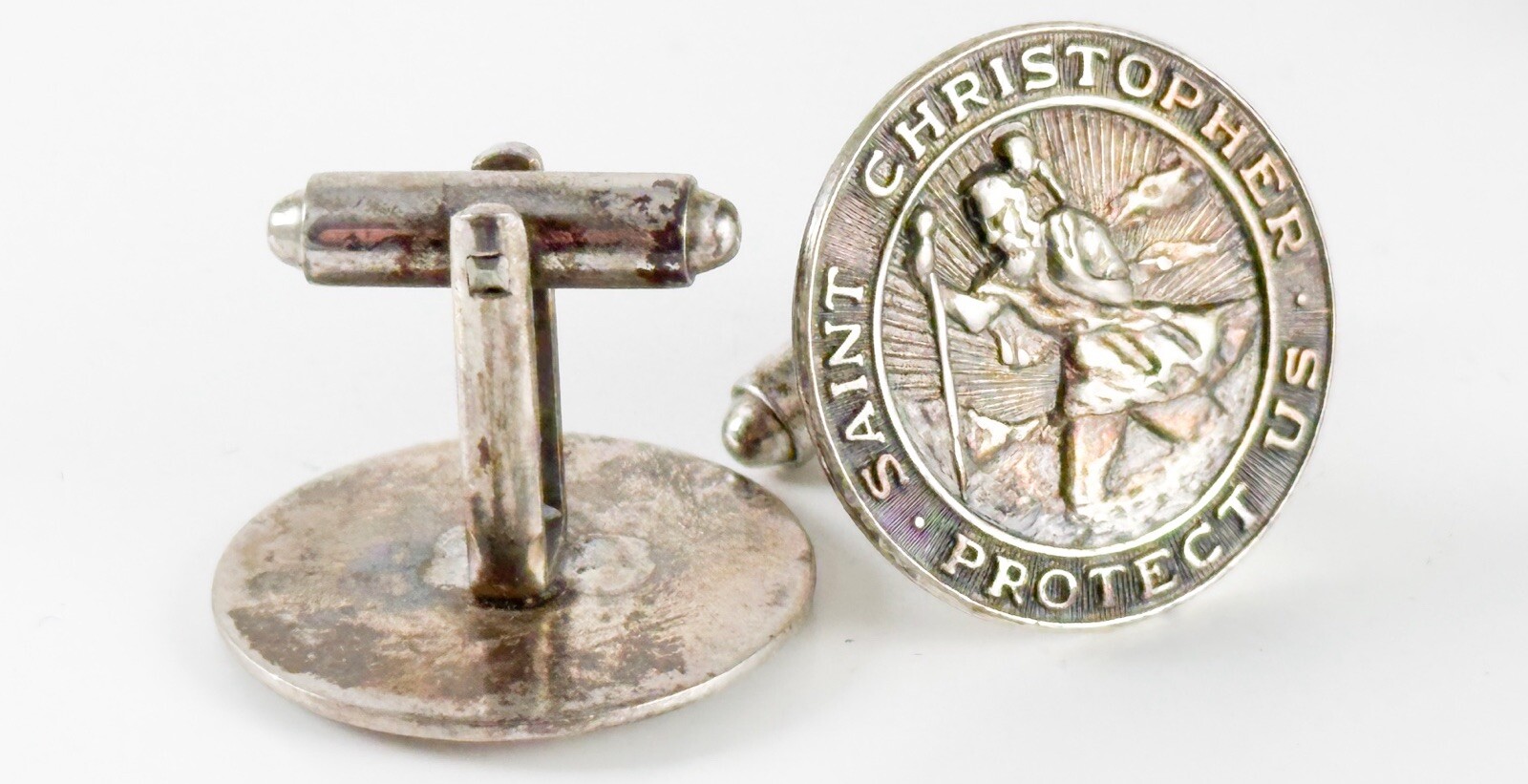 Vintage Saint Christopher Protect Us Sterling Silver Cufflinks Catholic Christ Vintage Saint Christopher Protect Us Sterling Silver Cufflinks Catholic Christ