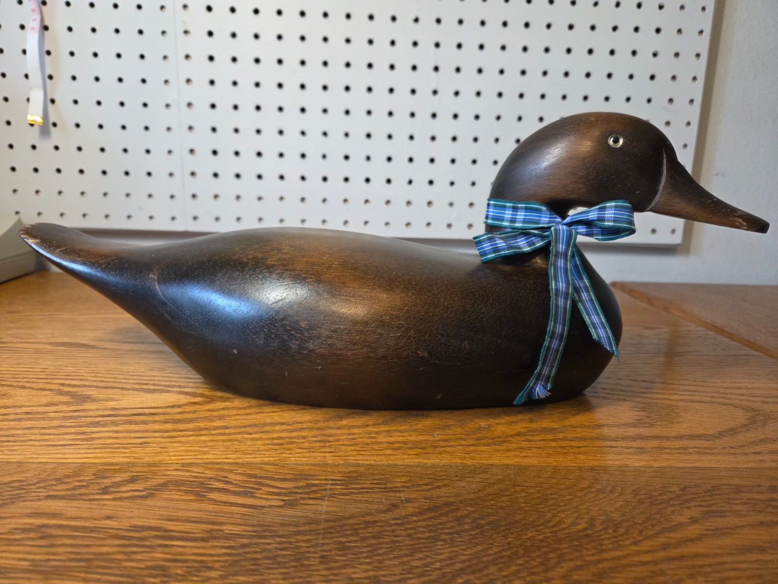 Vintage Hand Carved Wooden Duck with Glass Eyes and Plaid Ribbon, 17 Vintage Hand Carved Wooden Duck with Glass Eyes and Plaid Ribbon, 17