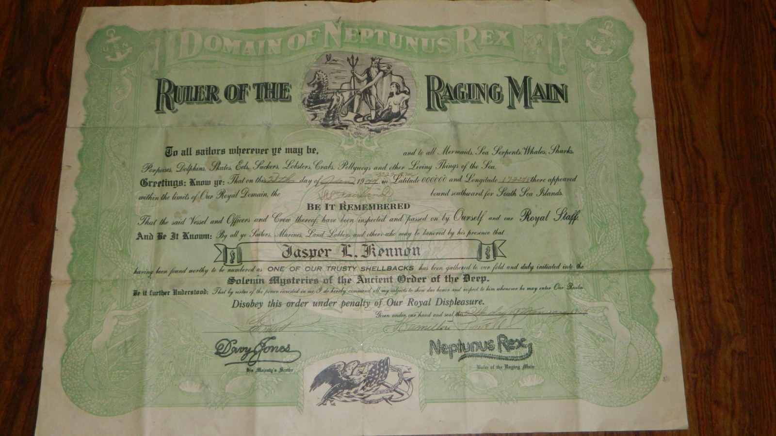 Vintage WWII 1944 USN Domain of Neptunus Rex Certficate Vintage WWII 1944 USN Domain of Neptunus Rex Certficate