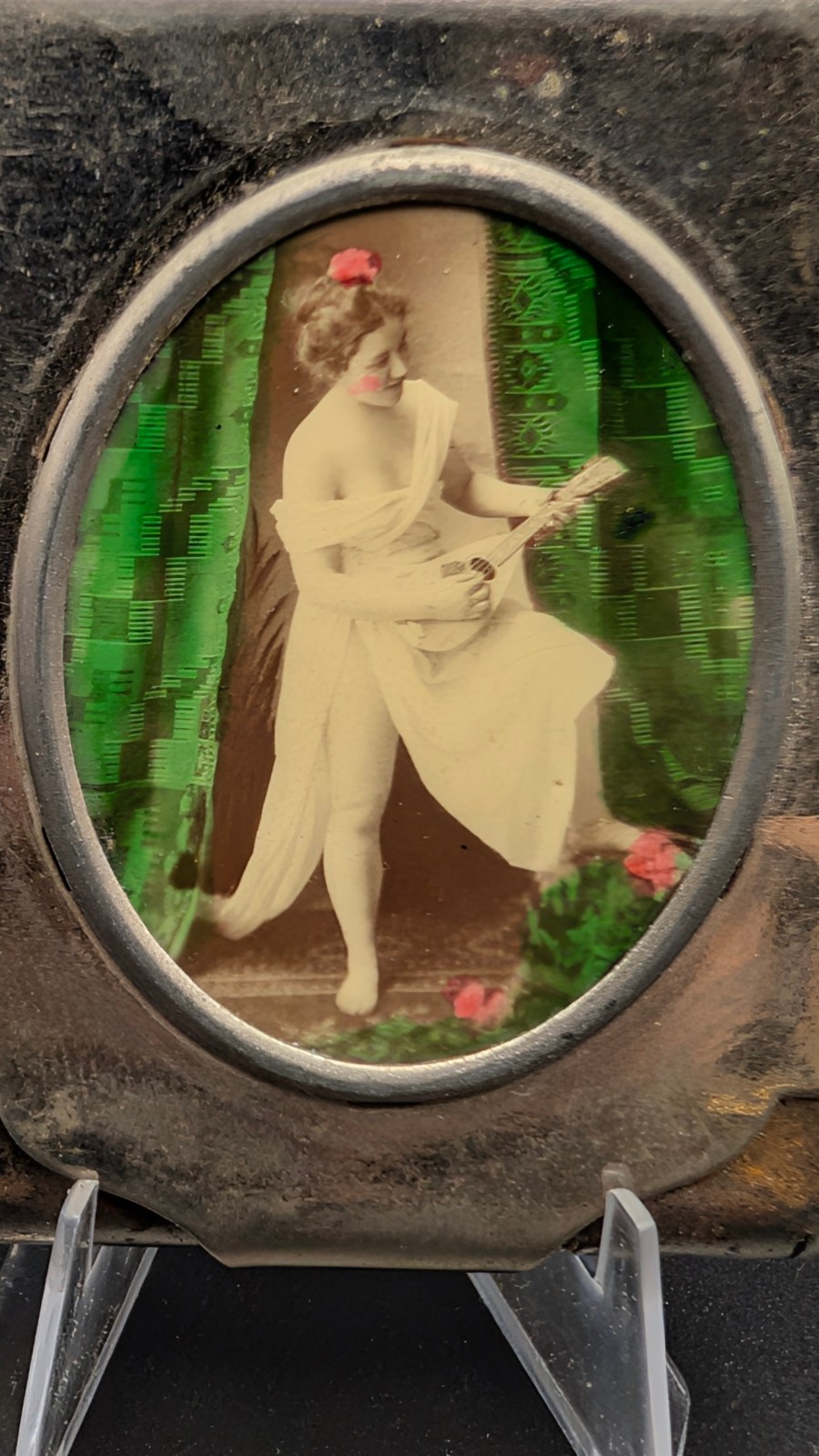 Vintage Rare Antique National Cafe Chicago Match Safe Nickel Celluloid Girl Lute