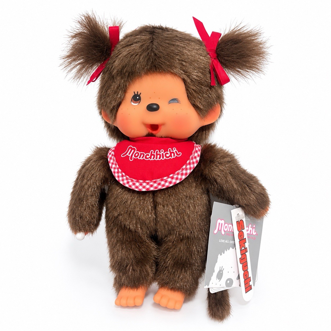 Sekiguchi Monchhichi Winking Girl Red Bib Pigtails 7 in Plush NWT