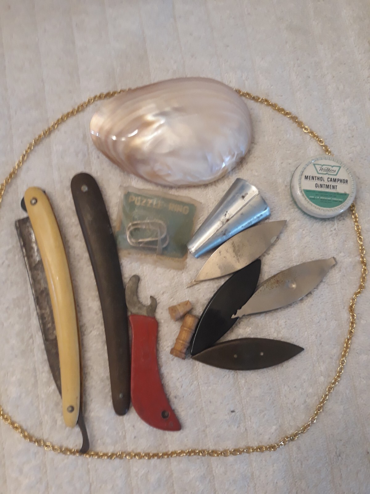 VTG SMALL KNICK KNACKS Lot Barber Razor Clamshell Can Opener Watkins Misc