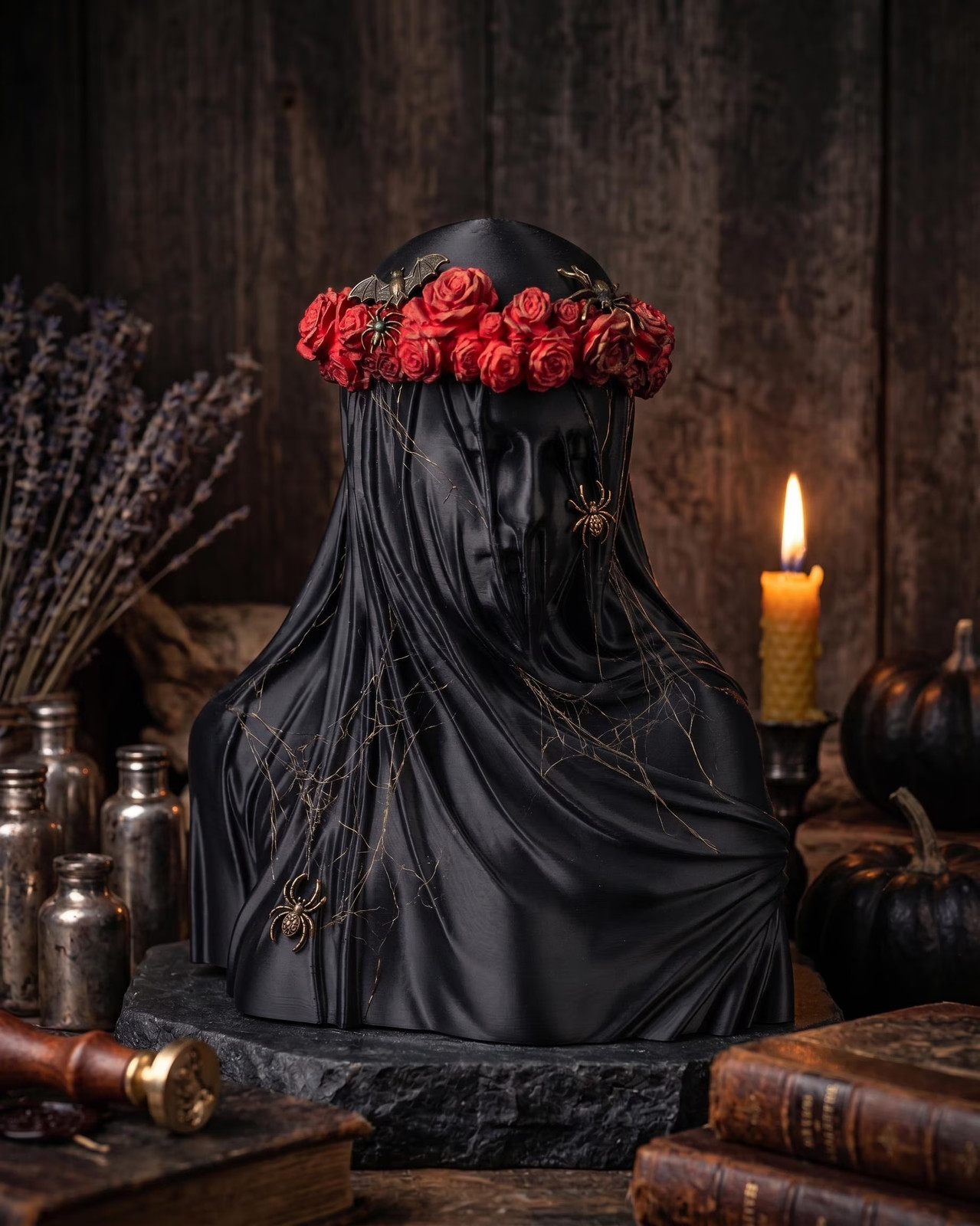 Gothic Veiled Lady Bust - 3D Printed Black Draped Woman with Crown Decor