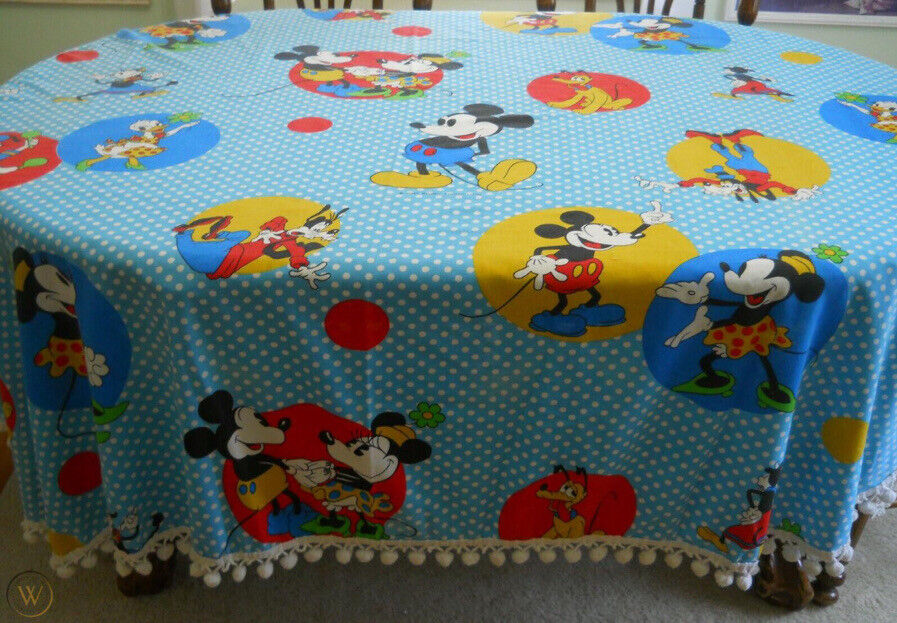 Vintage 1970s Disney Bedspread Blanket w/ Pom Poms- 6 ft X 9 ft Mickey Mouse EUC