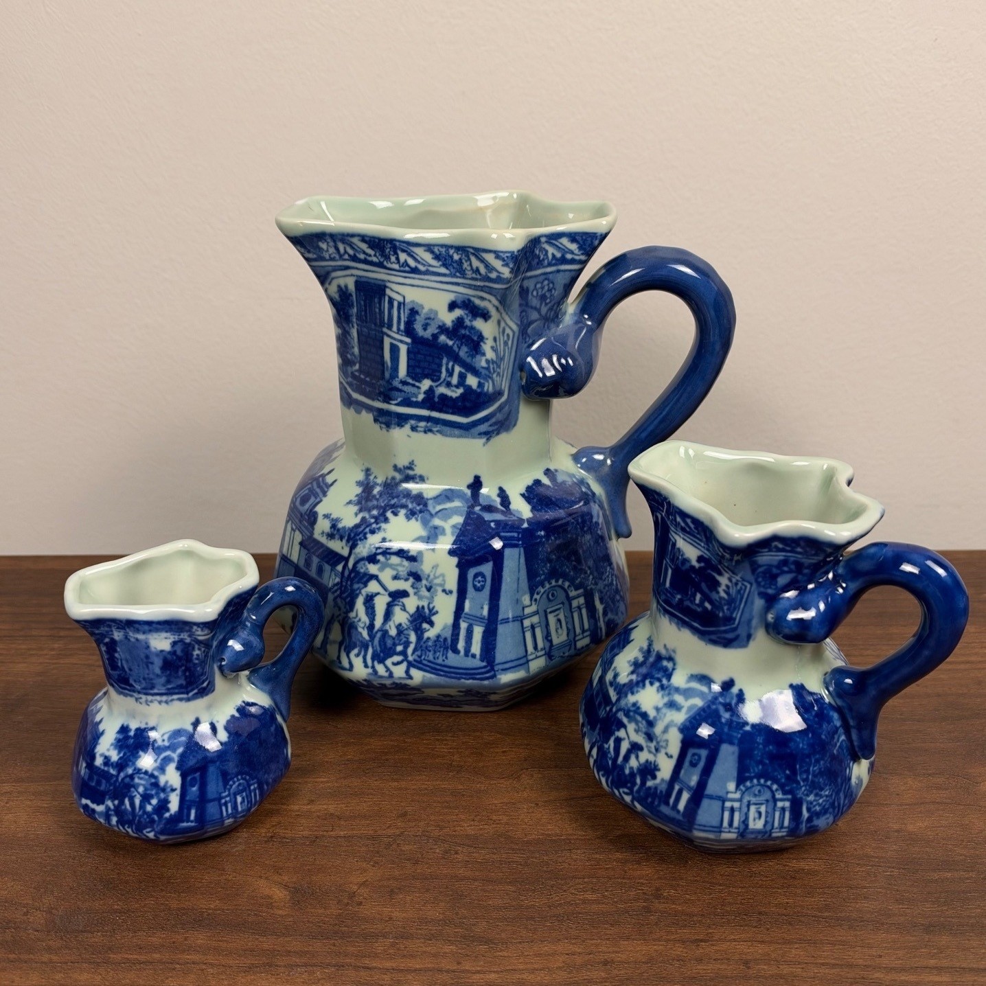 Vintage Blue & White Ironstone Style Pitchers – Graduated Set of 3 Vintage Blue & White Ironstone Style Pitchers – Graduated Set of 3