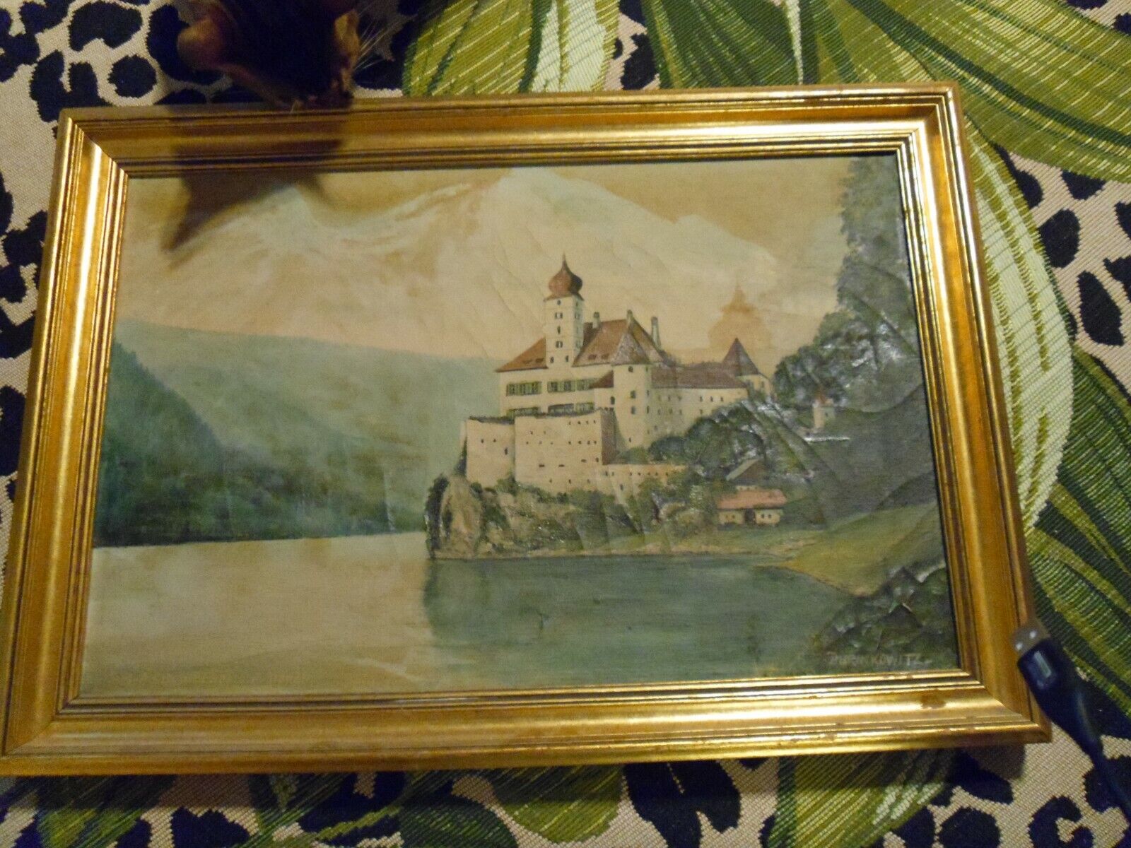 Antique signed oil painting 25 x 16 GOLD frame CASTLE SWISS ALPS original beauty