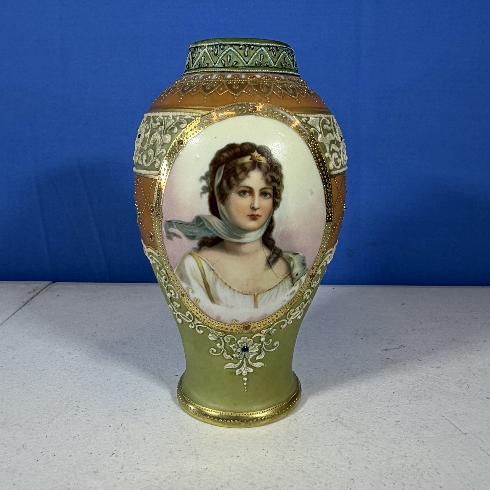 Antique Nippon Hand Painted Porcelain Green Moriage Portrait Vase Antique Nippon Hand Painted Porcelain Green Moriage Portrait Vase