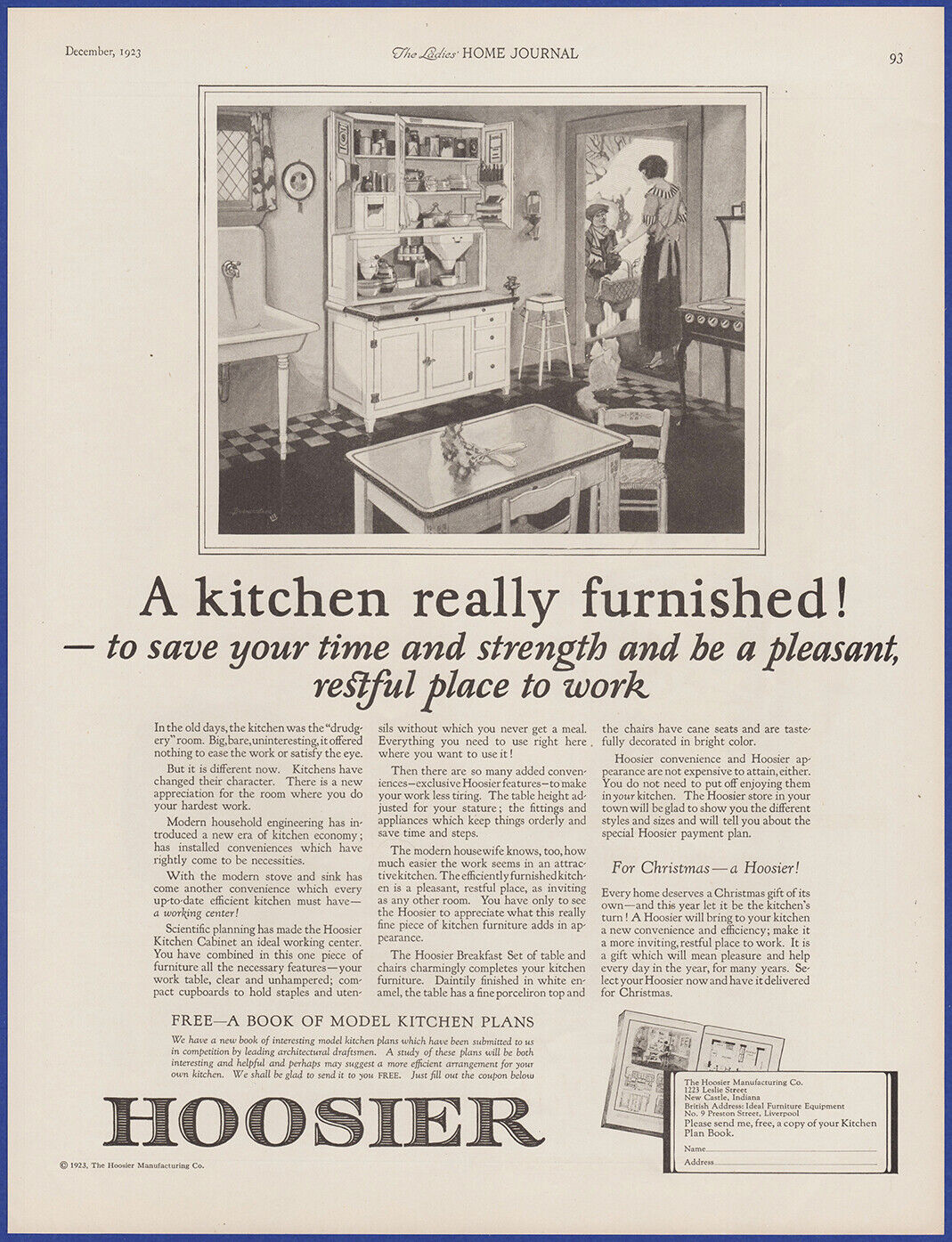 Vintage 1923 HOOSIER Kitchen Cabinets Hutch Art Décor Ephemera 20s Print Ad