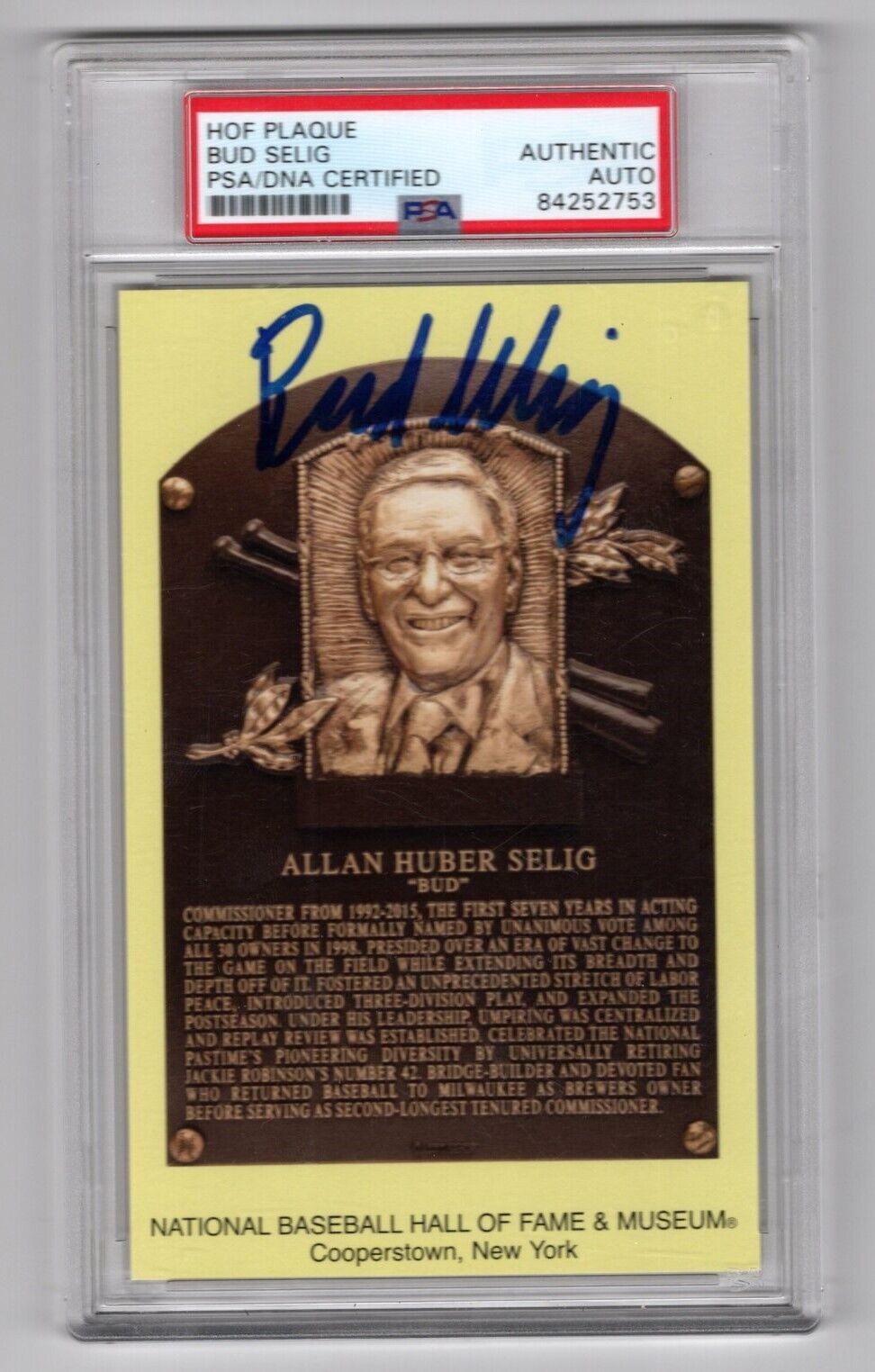Bud Selig Auto Autograph Signed Hall Of Fame HOF Plaque Post Card PSA Authentic