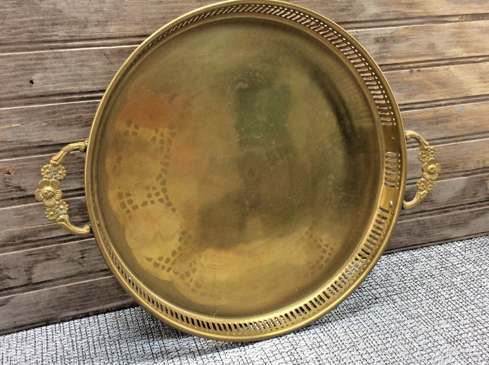 Vintage MCM Round Brass Reticulated Tray Ornate Handles 13\