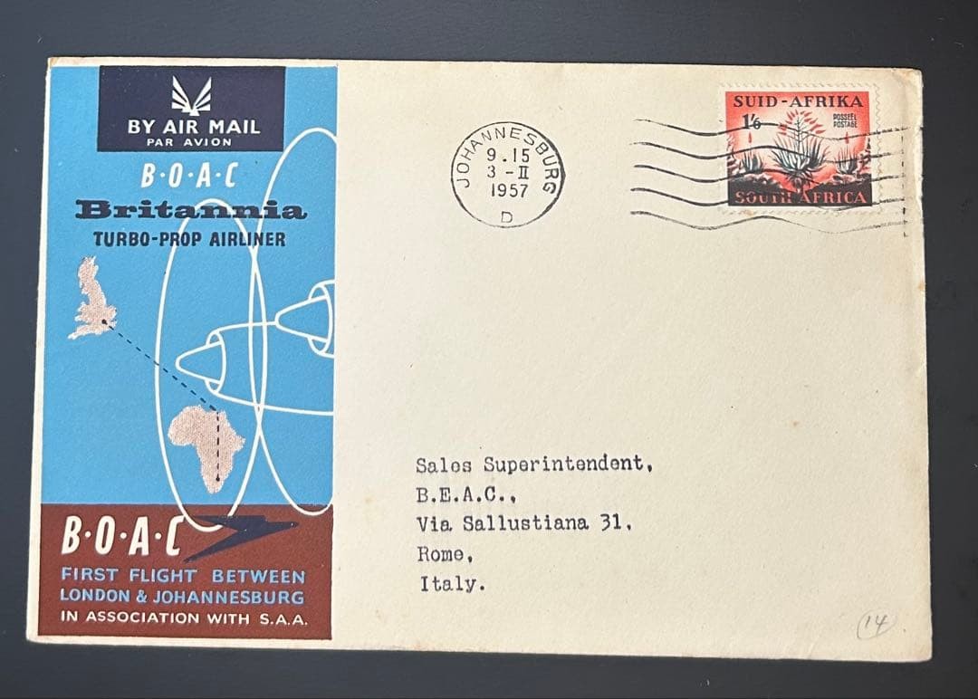 BOAC First Flight Cover London-Johannesburg 1957 with South Africa Stamp