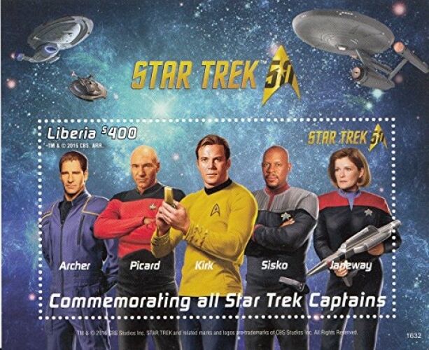 Liberia 2016 Star Trek 50th Anniversary Kirk, Picard, Janeway, Sisko, Archer MNH