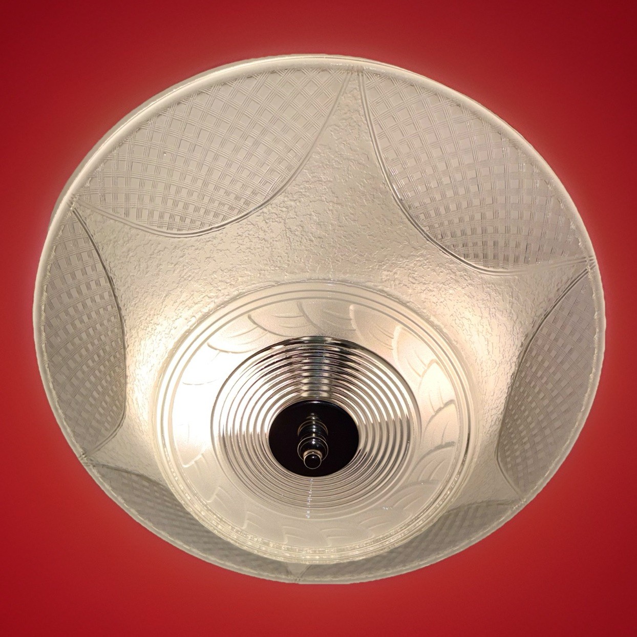 Vintage 1940s-1960s Art Deco Geometric Machine Age Glass Ceiling Light Fixture Vintage 1940s-1960s Art Deco Geometric Machine Age Glass Ceiling Light Fixture