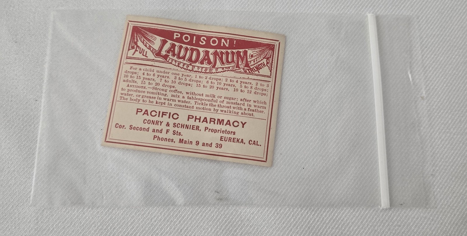 Antique Pacific Pharmacy Eureka CA LAUDANUM Poison Label Authentic 1910s...