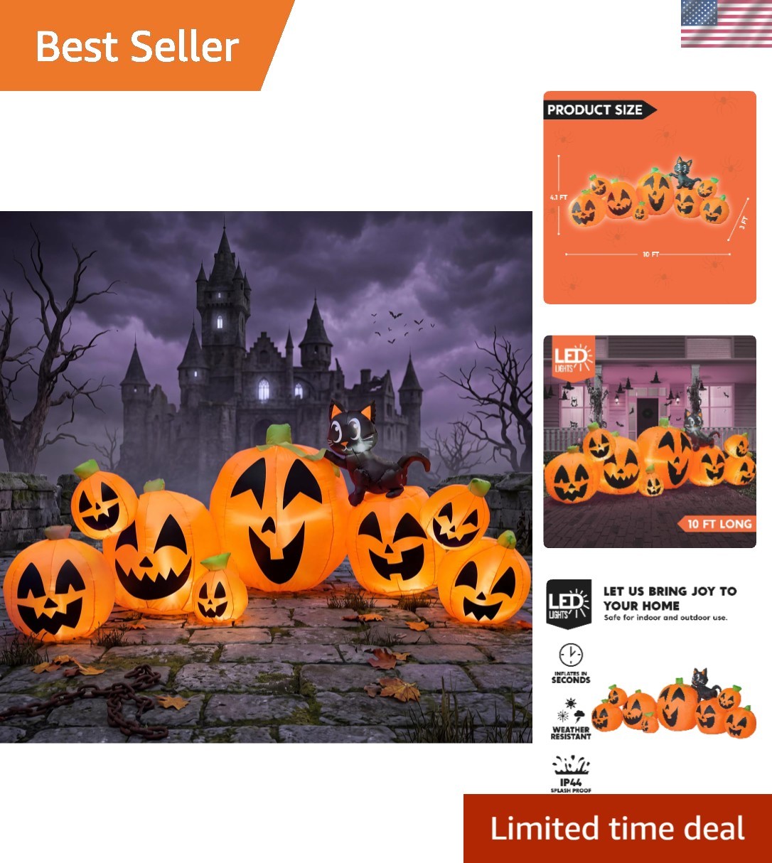 Whimsical 10FT Halloween Blow Up Pumpkin with 8 Pieces and Cat -  Certified