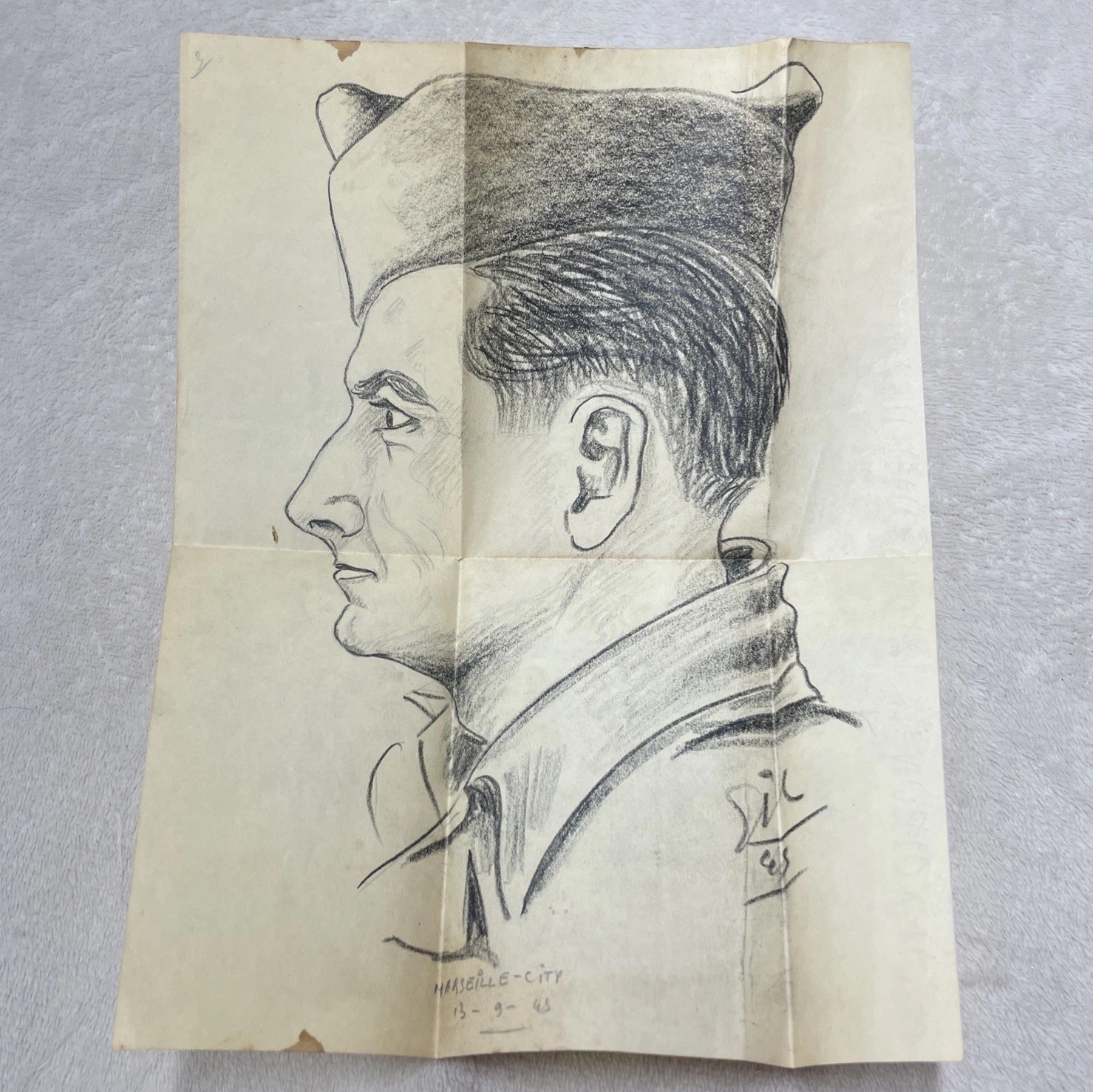 WWII Soldier Pencil Sketch Drawing Portrait 1945 Marseille France Military War WWII Soldier Pencil Sketch Drawing Portrait 1945 Marseille France Military War