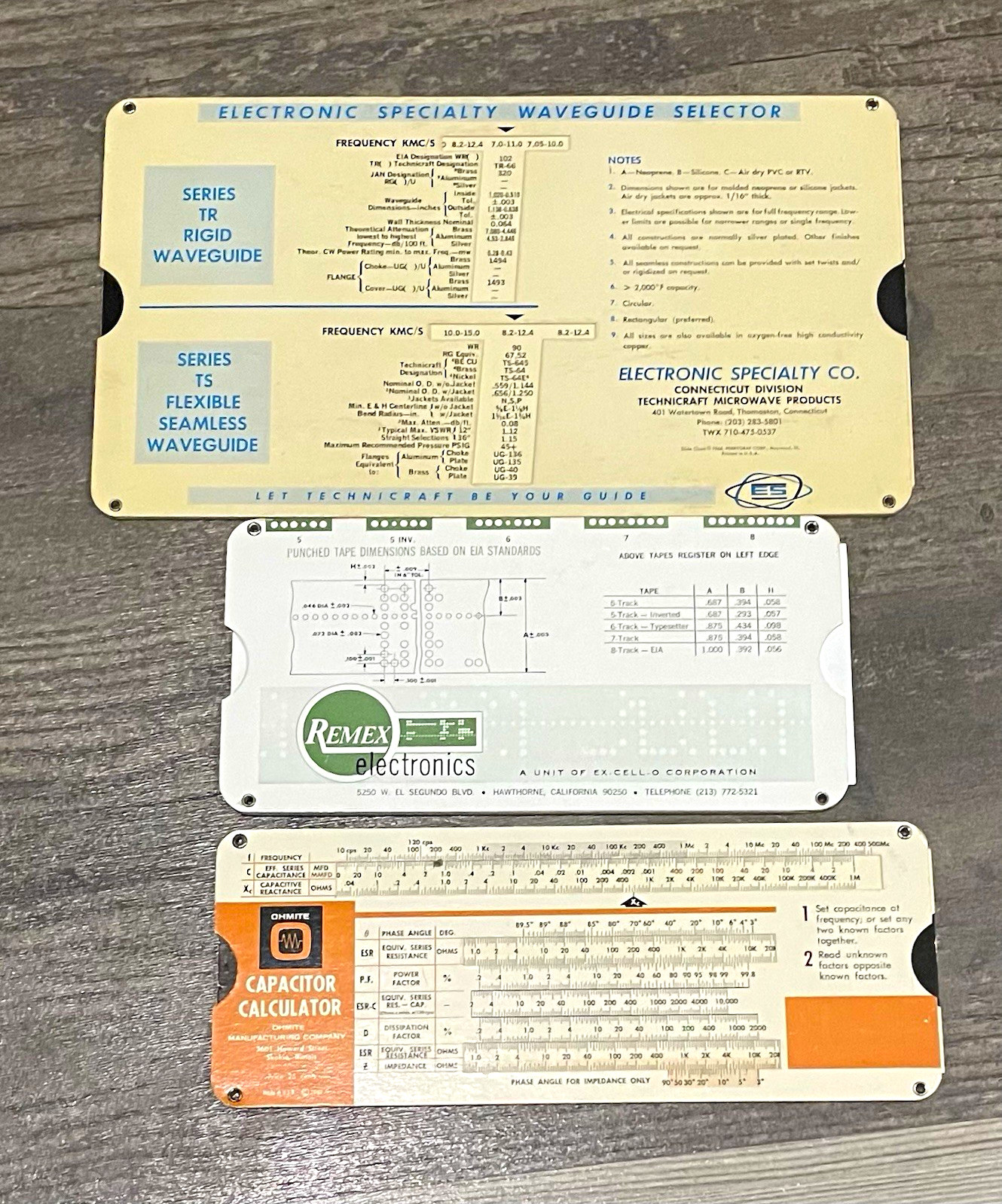 Vintage Electronics Slide Chart Lot - Waveguide, Capacitor, Remex Tape Length Ca Vintage Electronics Slide Chart Lot - Waveguide, Capacitor, Remex Tape Length Ca