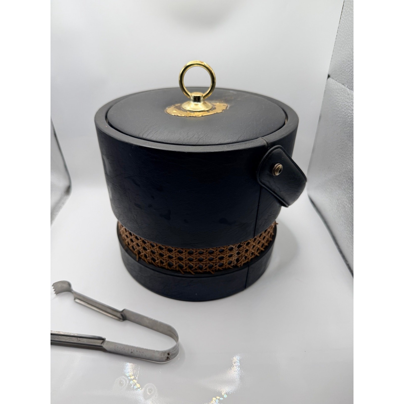 Vintage 60s 70s Black Cane Rattan Ice Bucket Barware w/ EKCO Eterna Tongs