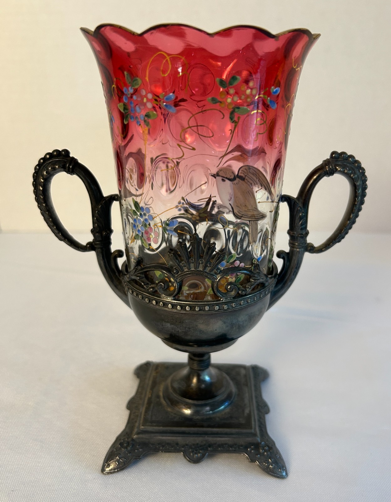 Victorian Cranberry Art Glass Celery Vase Hand Painted Enamel Silver Plate Stand Victorian Cranberry Art Glass Celery Vase Hand Painted Enamel Silver Plate Stand