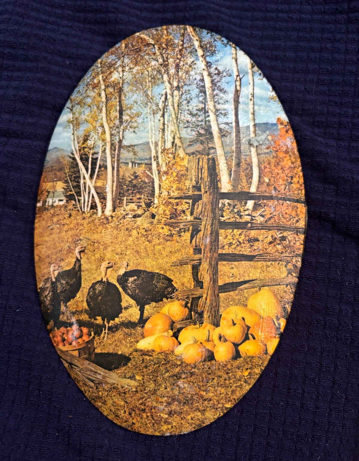 Vintage 1960 Oval Thanksgiving Wall Plaque, Scenic Turkey & Pumpkins Vintage 1960 Oval Thanksgiving Wall Plaque, Scenic Turkey & Pumpkins